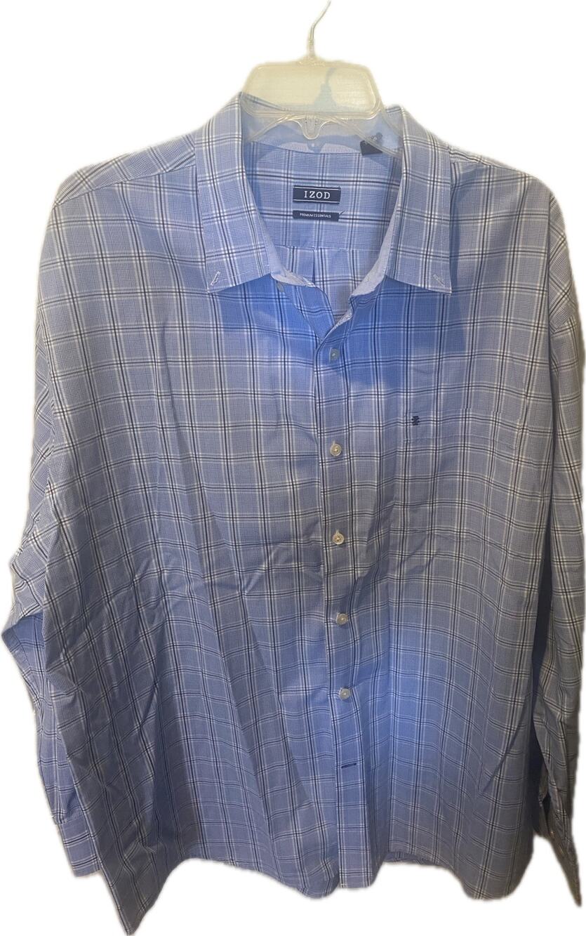 IZOD Premium Essentials Men’s Blue Plaid Button Down Dress Shirt Long Sleeve